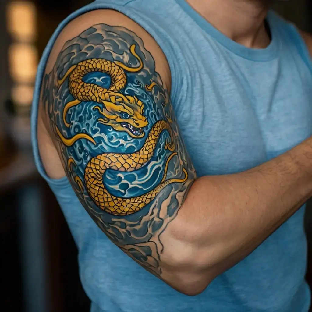 Vibrant tattoo of a golden dragon swirling in blue waves on the upper arm, symbolizing strength and fluidity.