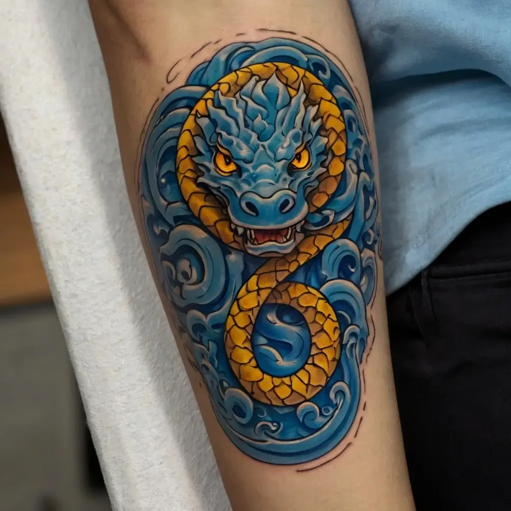 Vivid dragon tattoo with a blue-scaled face and fierce eyes, entwined with a golden snake-like body, amidst swirling waves.