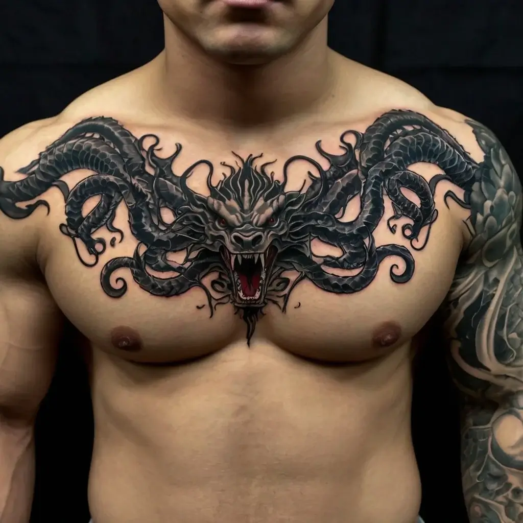 Chest tattoo of a fierce dragon with intricately detailed scales and red eyes, its wings spreading across the upper torso.