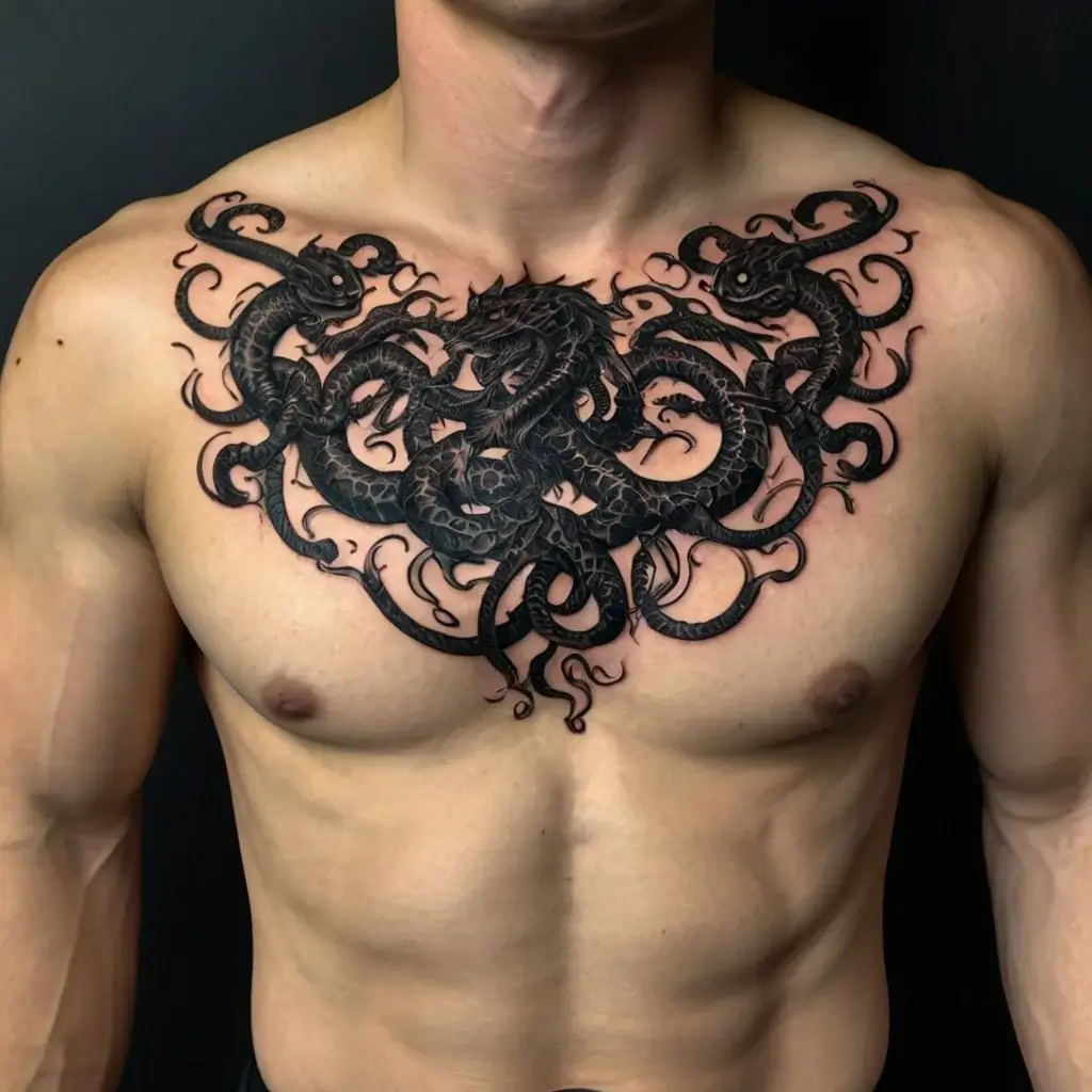 Chest tattoo featuring an intricate black hydra, showcasing swirling heads and detailed scales in a bold design.