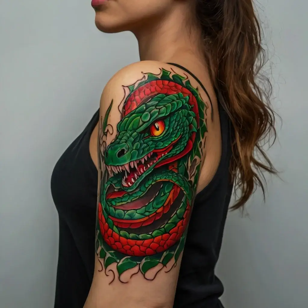 Tattoo of a vibrant green and red serpent coiled around the upper arm, with fierce eyes and intricate scales.