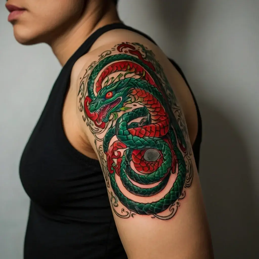 Colorful dragon tattoo wraps the upper arm, featuring bold red and green scales with intricate details and fierce expression.