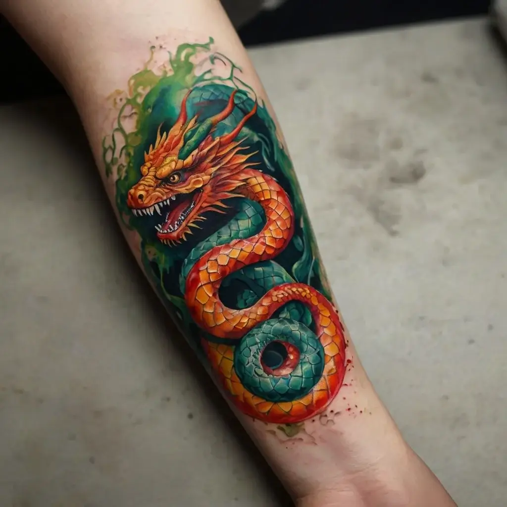 Vivid dragon tattoo with fiery orange scales and green belly, coiled with fierce eyes and detailed scales on forearm.