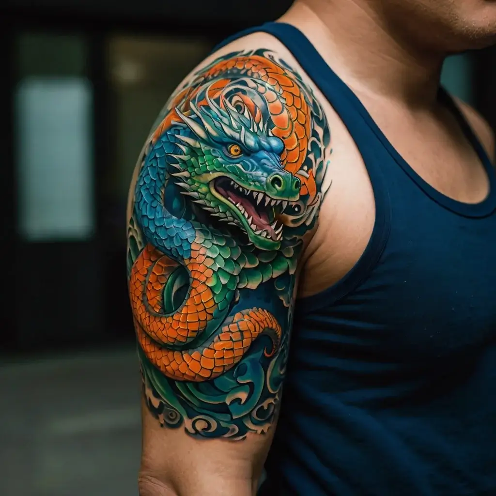 A vibrant dragon tattoo with intricate scales wraps around the upper arm, showcasing vivid blue, green, and orange hues.