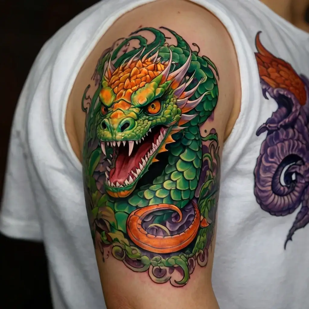 Vibrant dragon tattoo on upper arm, featuring detailed green scales, fiery orange accents, and an open, roaring mouth.