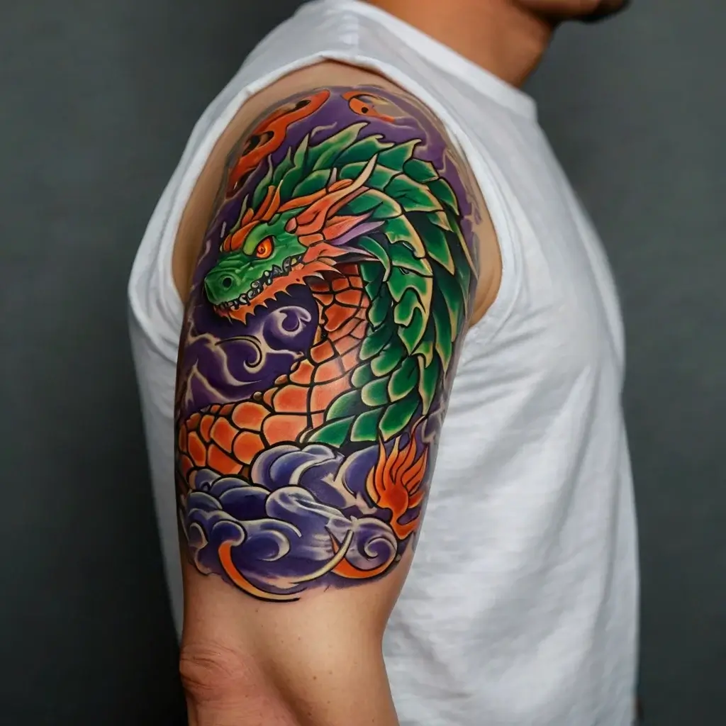 Colorful dragon tattoo with green scales, orange accents, and swirling purple clouds wrapping around the upper arm.