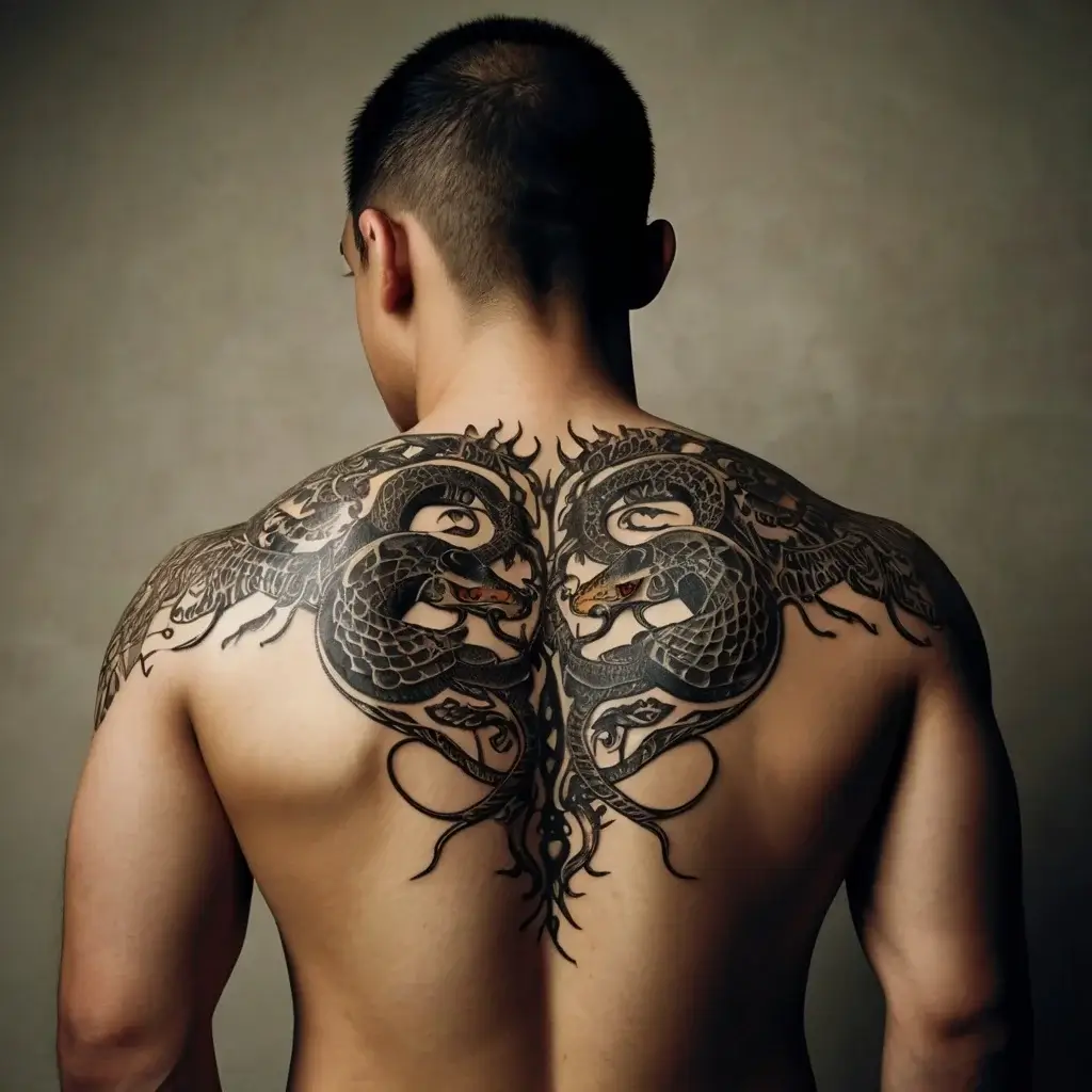 Intricate twin dragon tattoo on upper back, facing each other, with tribal elements extending toward the shoulders.