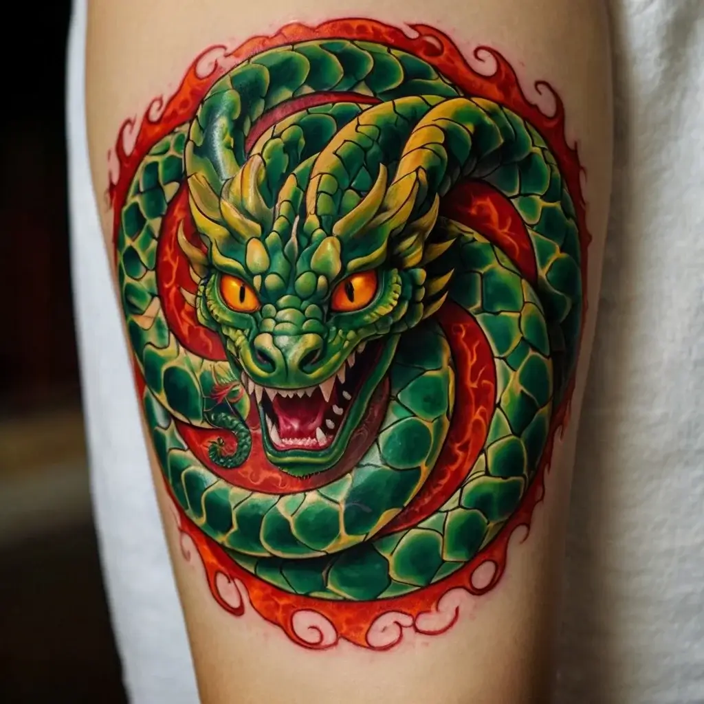 Vibrant green dragon tattoo with orange eyes, intricate scales, coiled with red flames, symbolizing power and transformation.