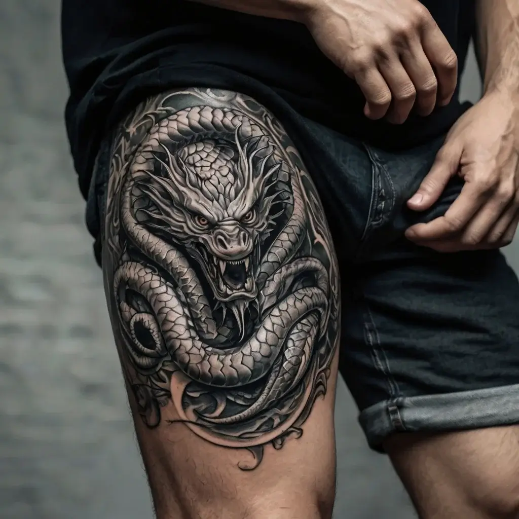 Ornate dragon tattoo on thigh, showcasing intricate scales and fierce expression, emphasizing realism and dynamic shading.