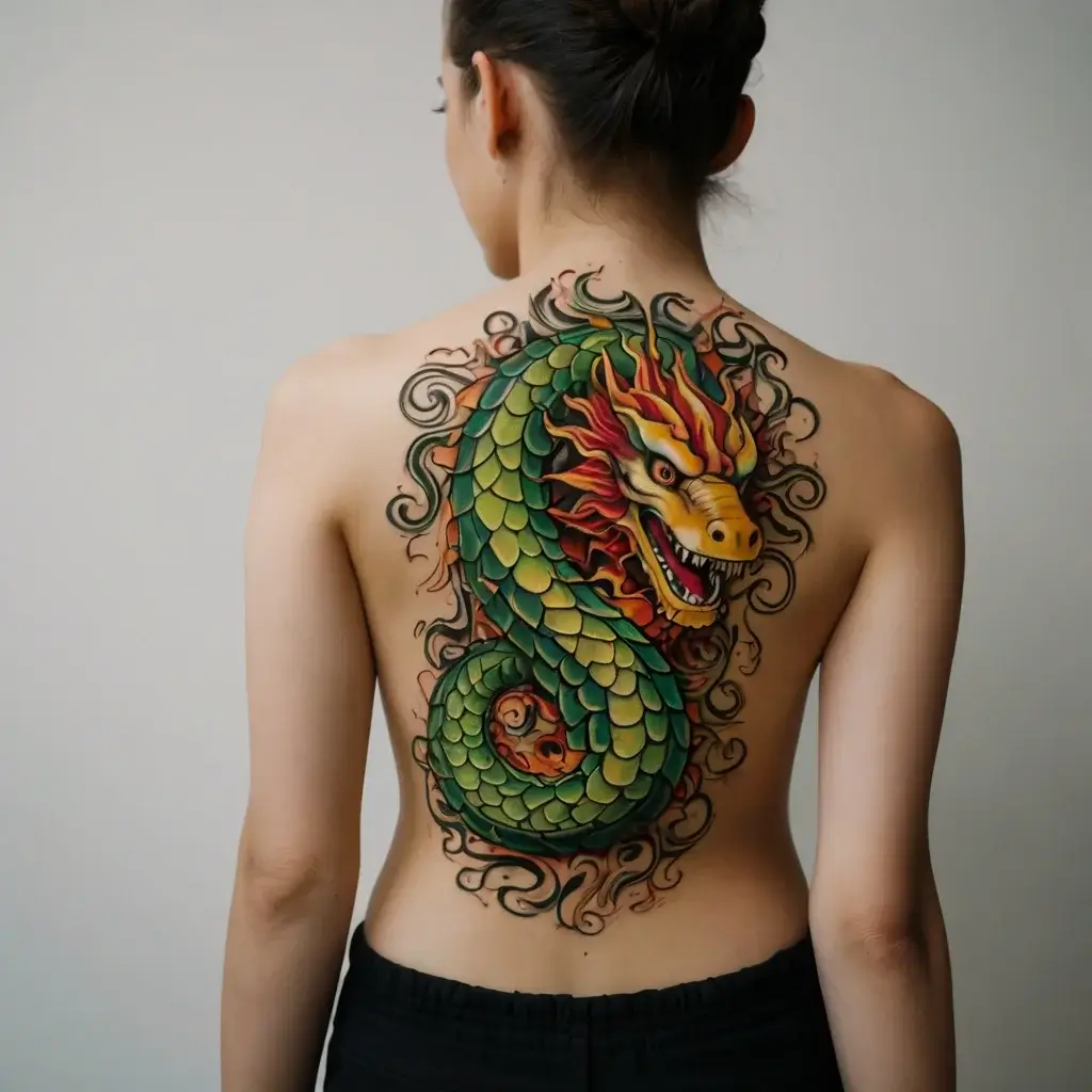 Detailed green dragon tattoo with vibrant scales and fiery mane, coiling across a woman's back, symbolizing strength.