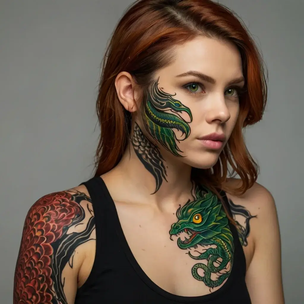 Vivid dragon tattoos flow from face to shoulder, featuring green scales, fierce eyes, and intricate detailing.