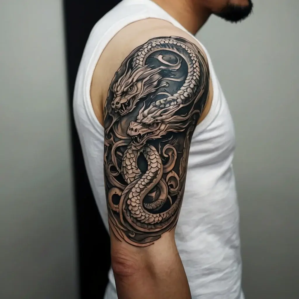 Intricate black and gray tattoo of a coiled dragon, showcasing detailed scales and fierce expression, wrapping around the upper arm.