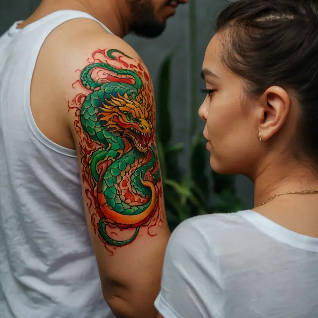 Vibrant dragon tattoo on upper arm, featuring green scales and fiery red accents, exuding strength and mysticism.