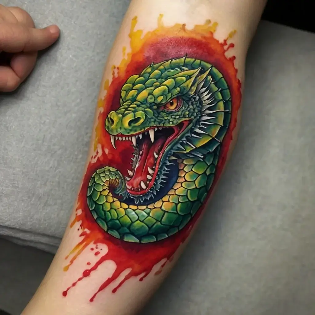 Colorful snake tattoo with vivid green scales, fierce eyes, and fangs, set against a bold red and orange splash background.