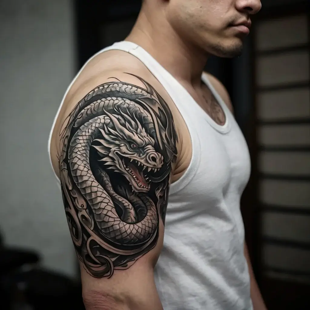 Intricate dragon tattoo on upper arm, showcasing detailed scales and fierce expression, with bold black and gray shading.