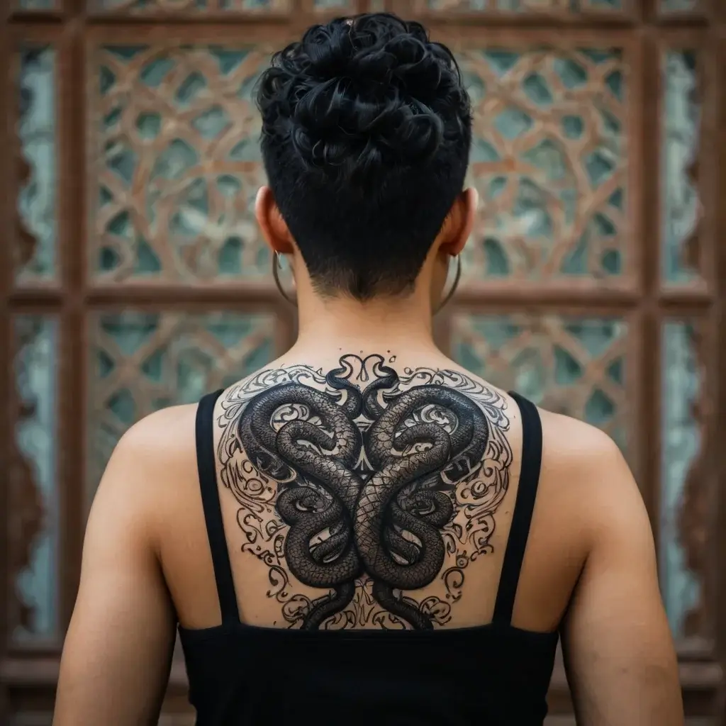 Back tattoo of two intertwined serpents with ornate, swirling patterns and detailed scales.