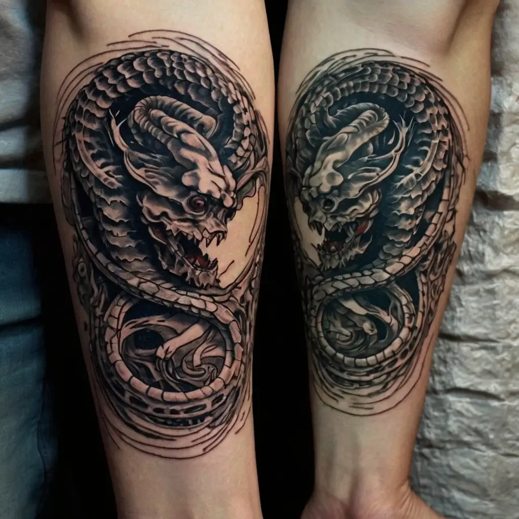 Tattoo of two intricately detailed dragons intertwined, with bold shading, capturing a dynamic and fierce appearance.