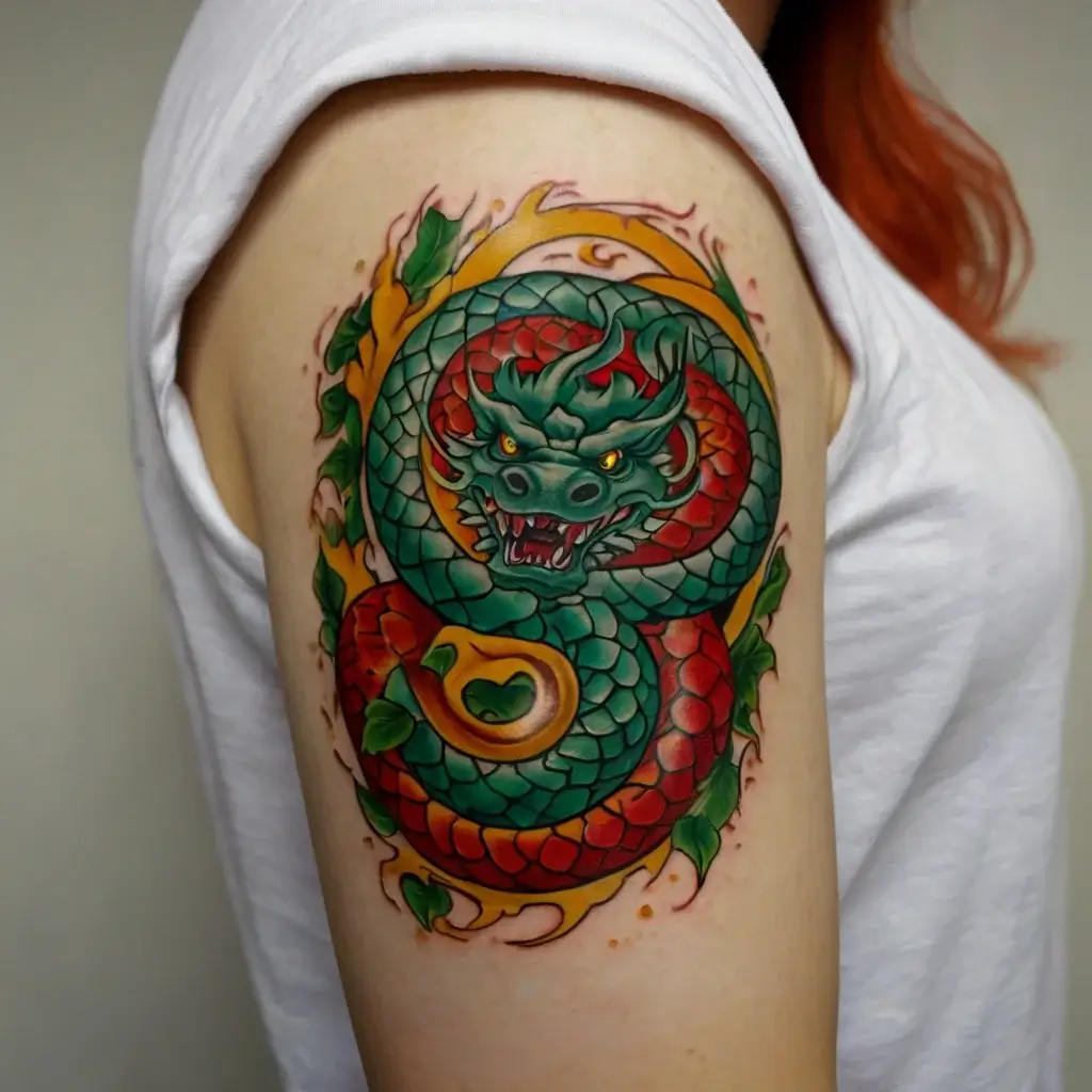 Colorful dragon tattoo on arm, featuring intricate scales, vibrant hues, and a fierce expression, symbolizing strength.