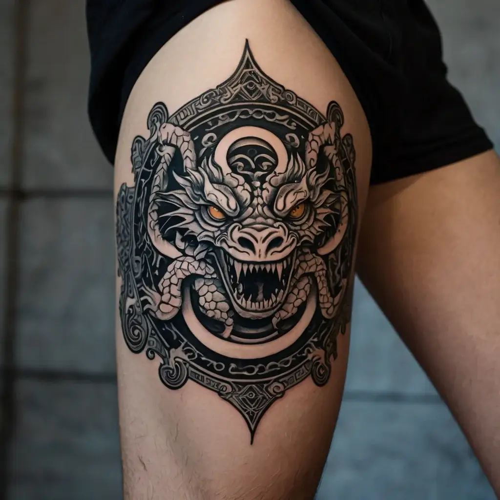 Intricate dragon tattoo with fierce eyes and detailed scales, encircled by ornate geometric patterns on the thigh.