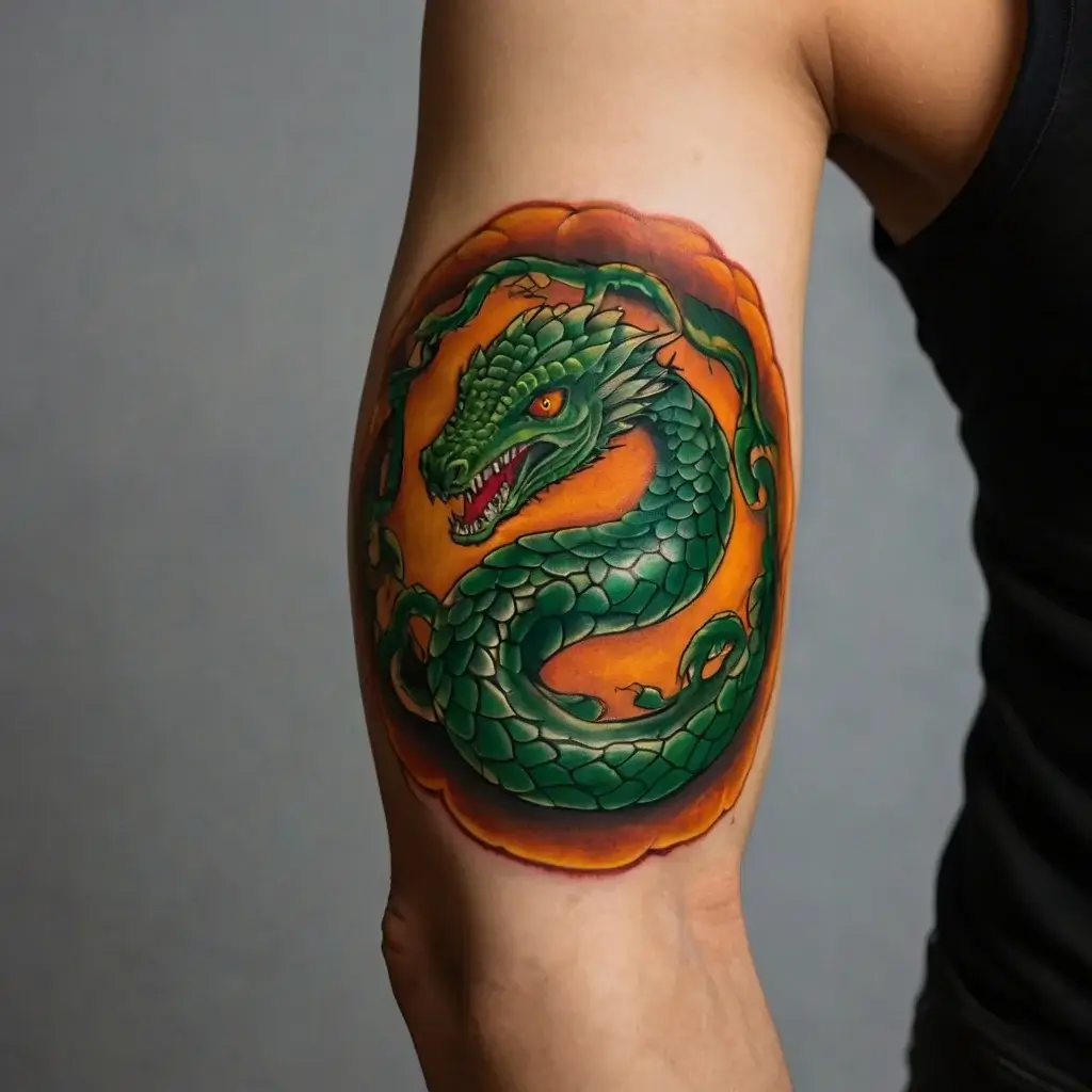 Green dragon tattoo with fierce expression, curled within an orange circular background, highlighting vibrant scales and eyes.