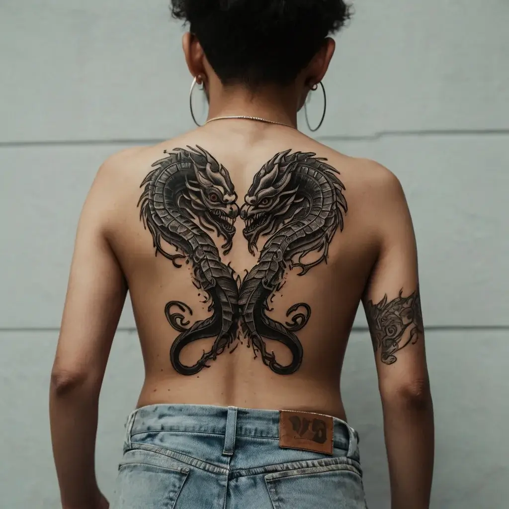 Tattoo of two intricately detailed dragons facing each other on a person's back, creating a symmetrical design.