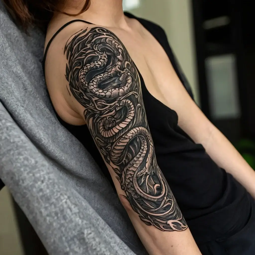 Black ink sleeve featuring an intricately detailed dragon, with swirling scales and bold linework for a fierce look.