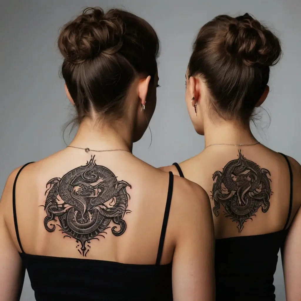 Intricate black ink mandala tattoo featuring entwined snakes on the upper back, showcasing elegant symmetry and detail.