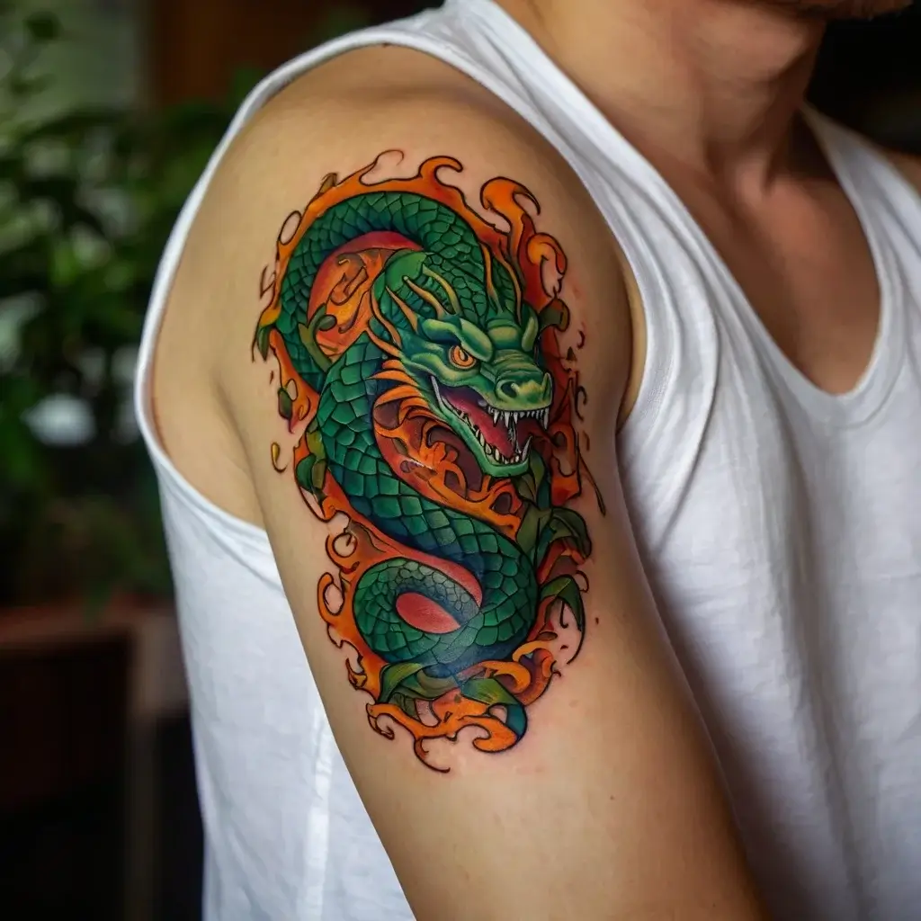 Tattoo of a vibrant green dragon with orange flames on a shoulder, showcasing intricate scales and fierce expression.