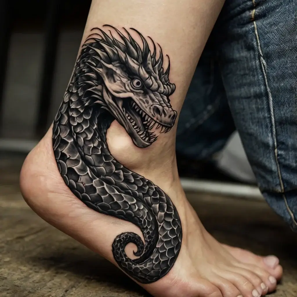 Realistic black and gray dragon tattoo wrapped around the ankle, showcasing detailed scales and fierce expression.