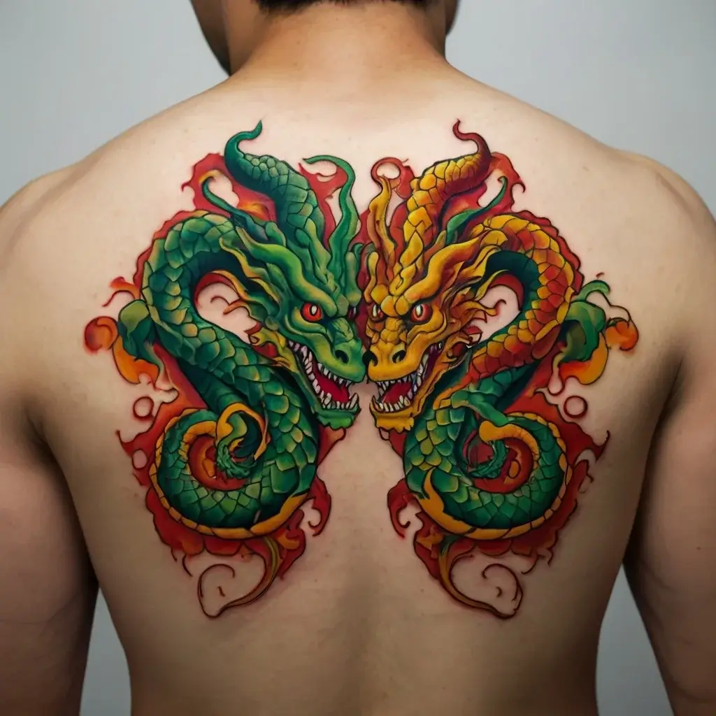 Back tattoo of two intertwined green and yellow dragons, fierce expressions, with vivid flames surrounding them.