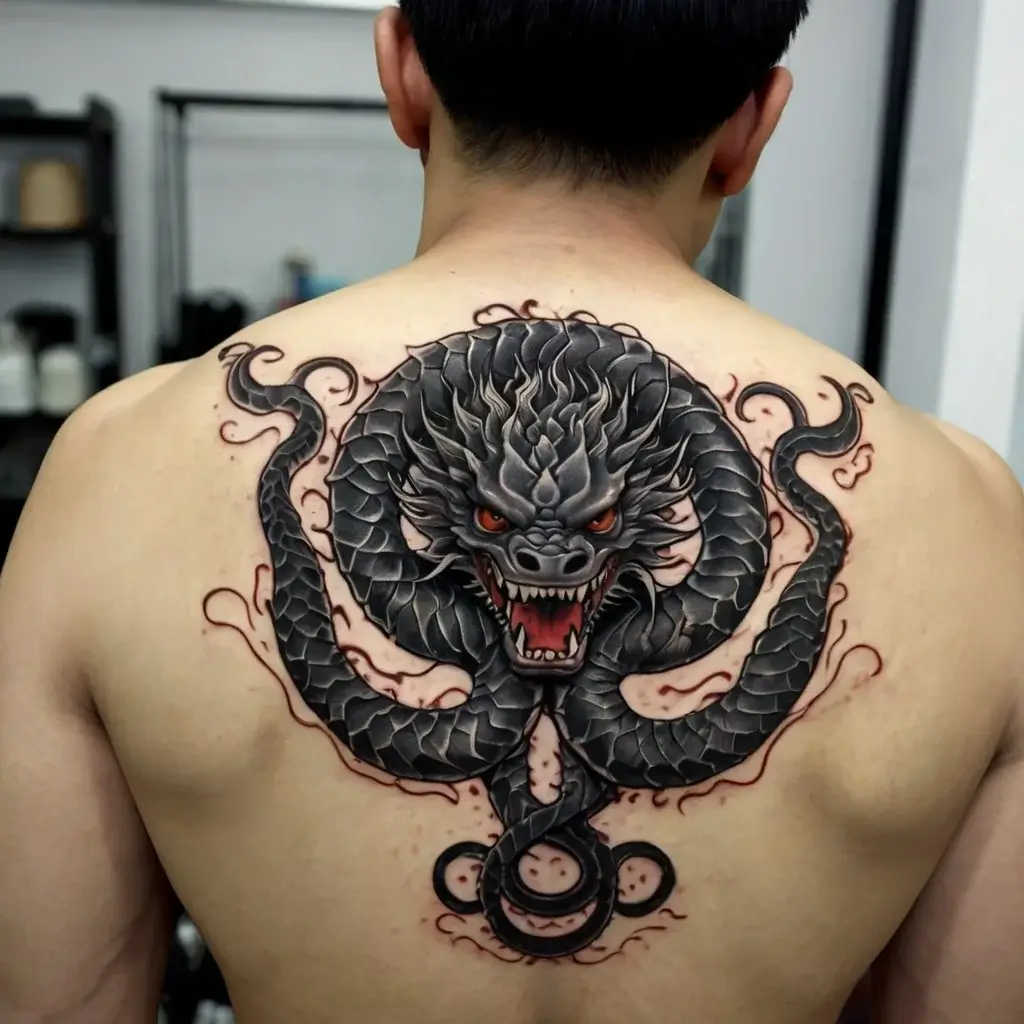 A menacing black dragon tattoo with fiery eyes, intricate scales, and swirling tendrils, covering the entire upper back.