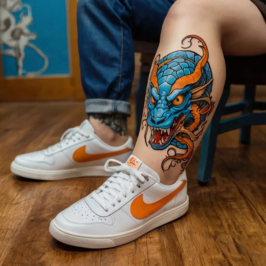 Vibrant tattoo of a fierce blue dragon with orange horns, dynamic lines, and vivid details wrapping around the calf.