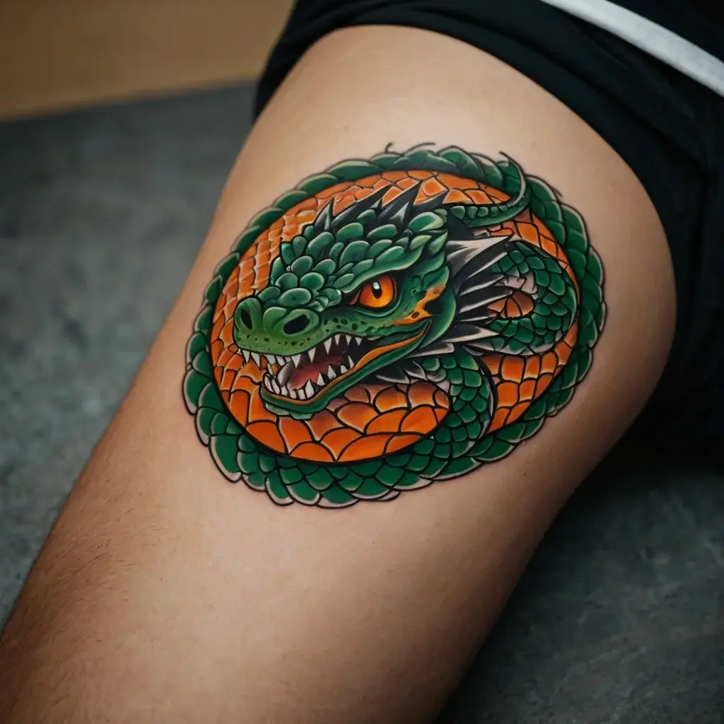 Tattoo of a fierce green dragon with vibrant orange scales coiled in a circle, showing intricate detailing and sharp teeth.