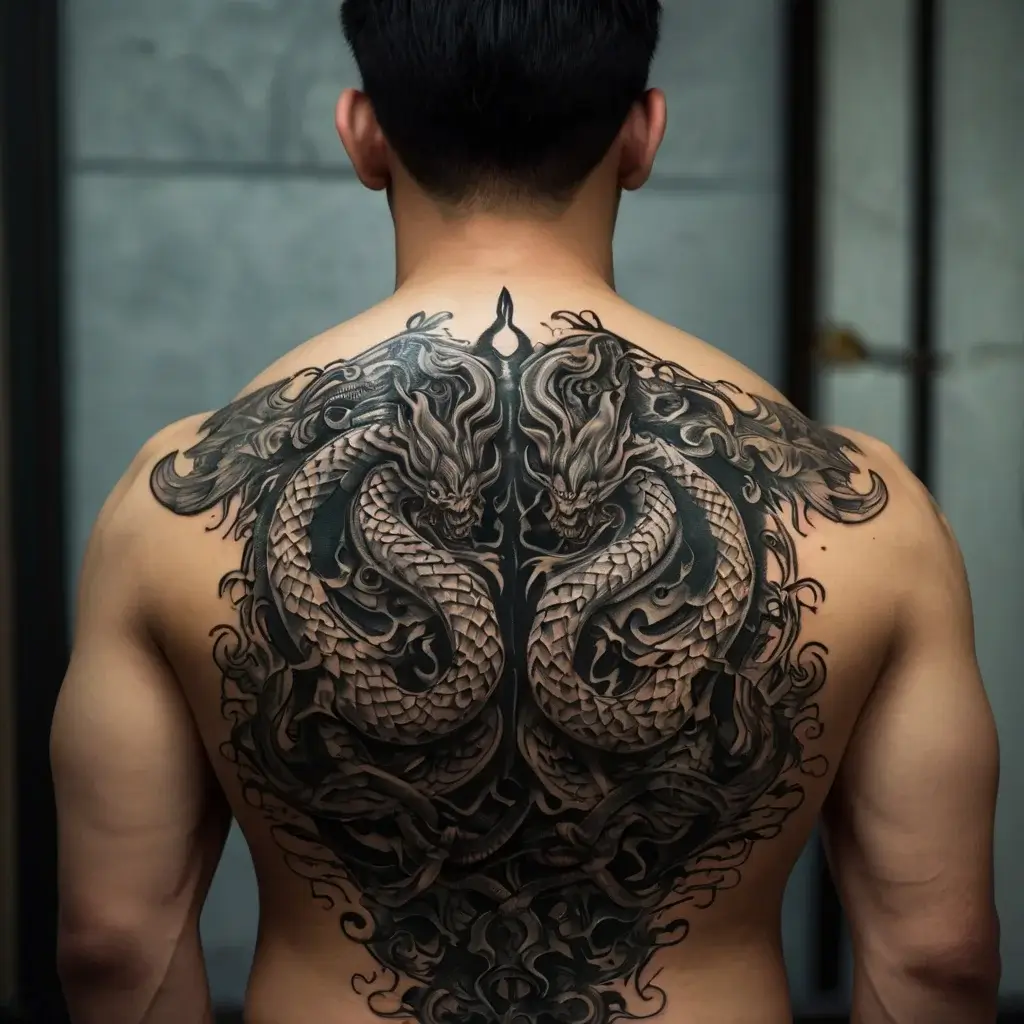 Intricate twin dragons back tattoo with swirling clouds and detailed scales, emphasizing strength and power.