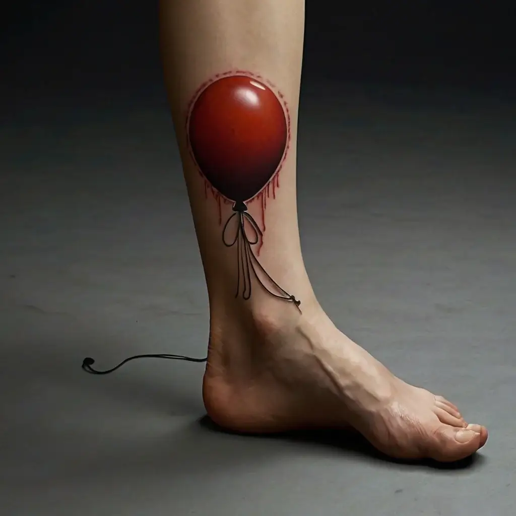 Hyper-realistic red balloon tattoo on leg, with drips and string wrapping around ankle, creating a 3D illusion.