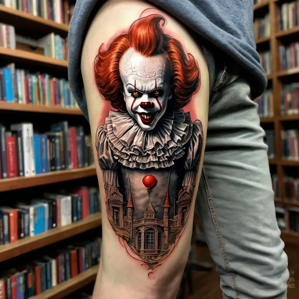 Intricate tattoo of a sinister clown with fiery hair, detailed ruffle collar, and a looming gothic mansion below.