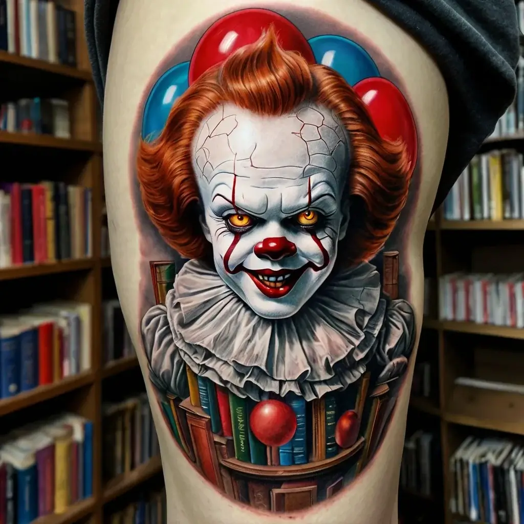 Realistic clown tattoo with a sinister smile, surrounded by colorful balloons and a ruffled collar, set against a library backdrop.