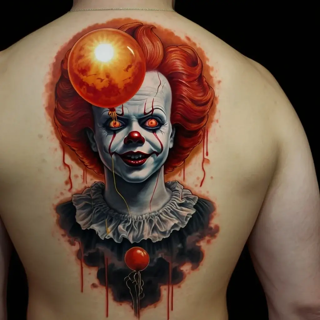 Tattoo of a clown with a red balloon, detailed face and ruffled collar, blending horror elements and vibrant colors.