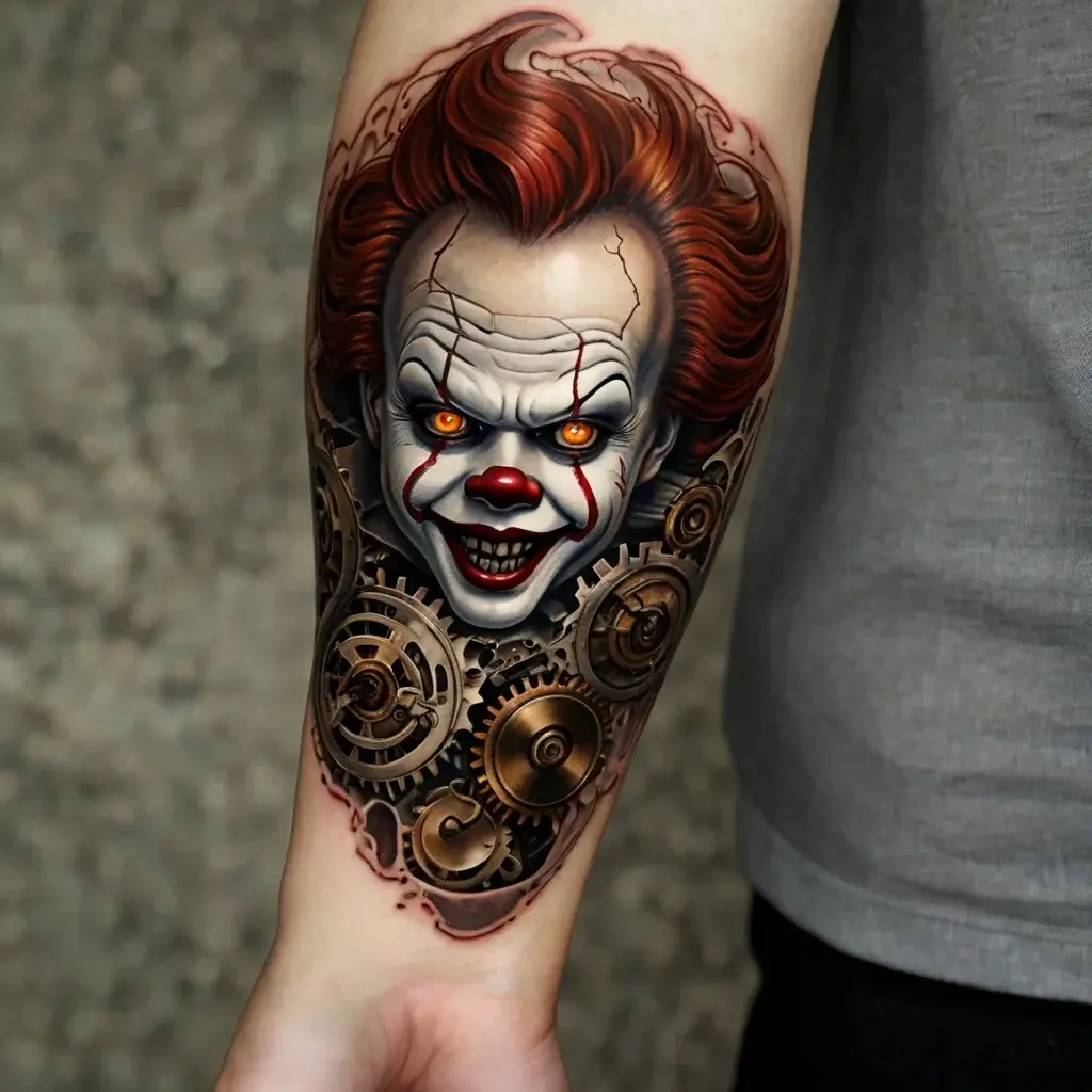 Realistic tattoo of a horror clown with fiery eyes and bronze gears, blending menace with steampunk elements.