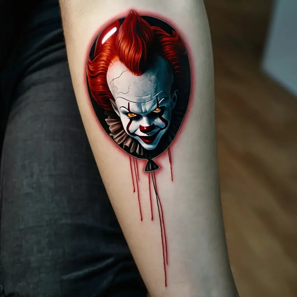 Tattoo of a creepy clown face within a red, dripping balloon, featuring vivid hair and intense eyes for a spooky effect.