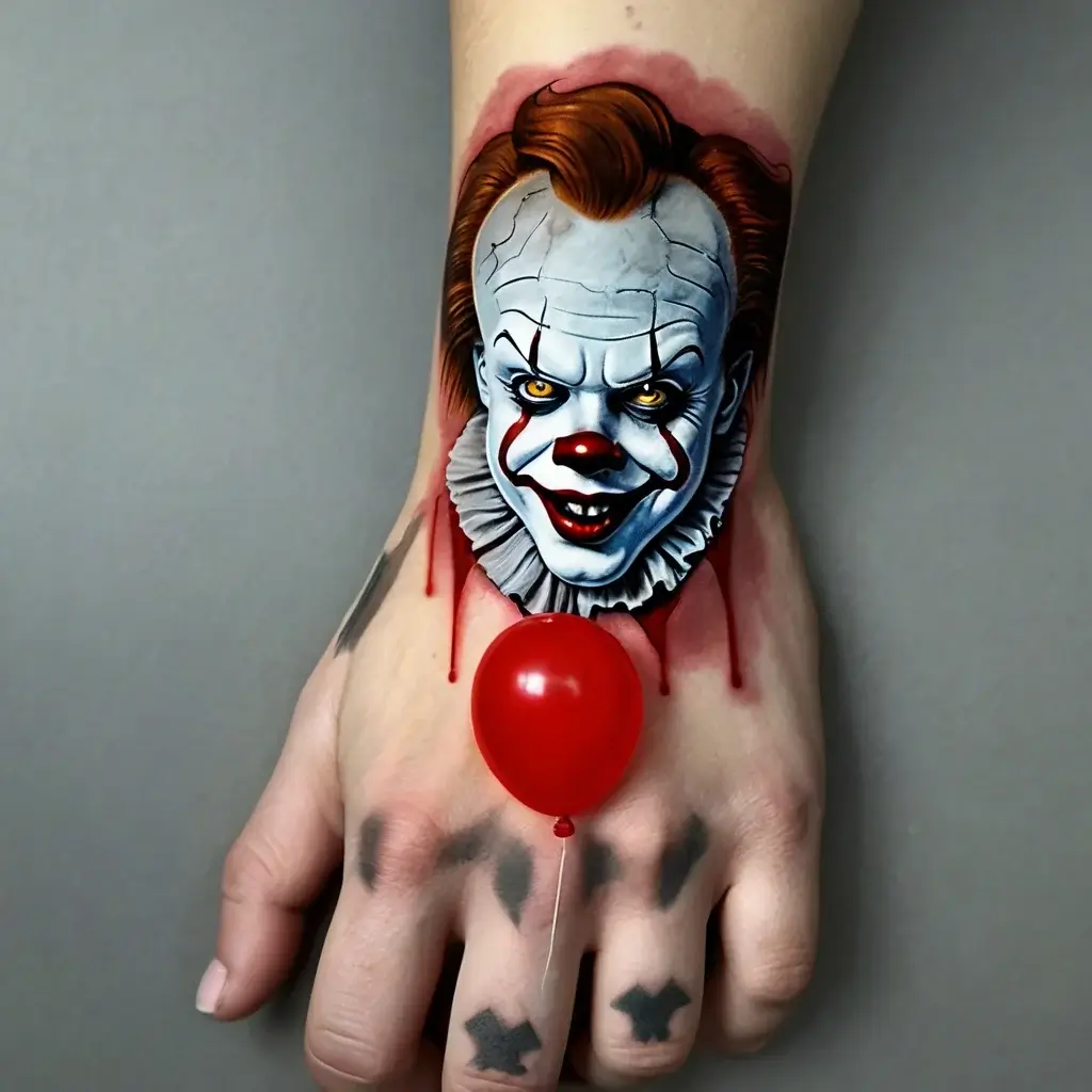 Creepy clown tattoo with sharp details, blood drip effect, and vivid red balloon on hand. Realism meets horror!