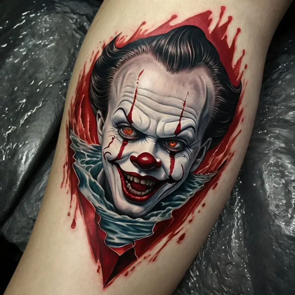 Realistic clown tattoo with vivid red accents, intense gaze, and wide grin, framed by dynamic red splashes.