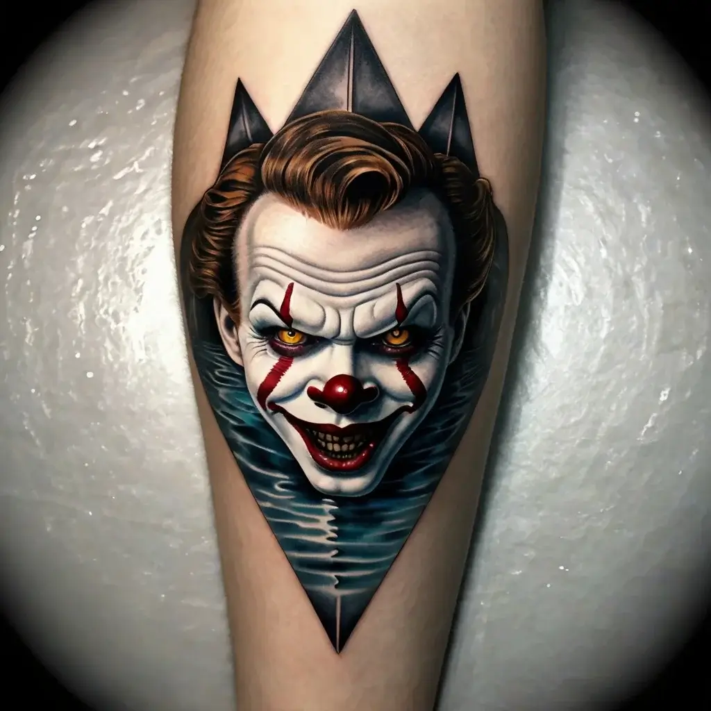 Realistic clown tattoo with vibrant colors and geometric shapes, featuring red balloon accents and sinister expression.