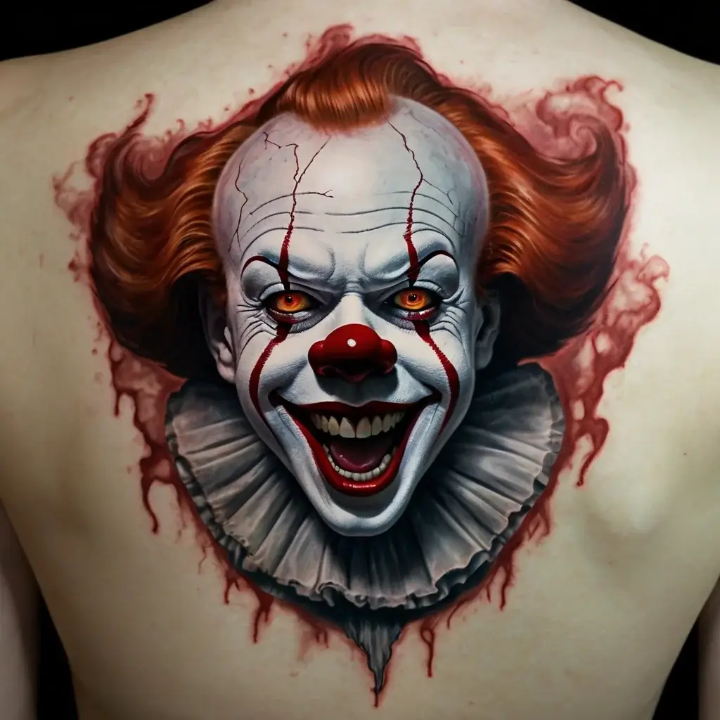 Realistic clown tattoo with vivid red hair and eyes, white makeup, and intricate shading creating a dramatic, eerie effect.