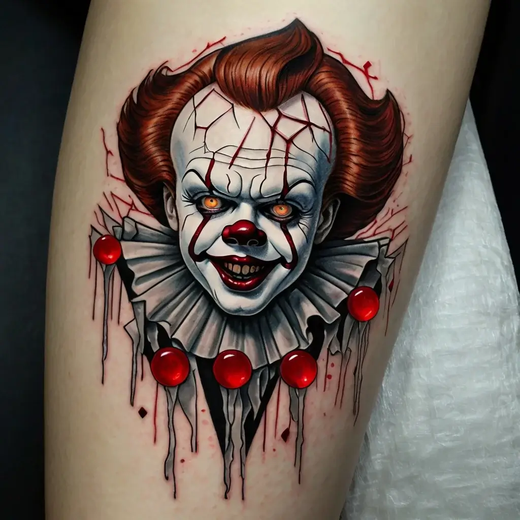 Realistic clown tattoo with vivid reds, eerie orange eyes, sharp teeth, and cracking face paint details.