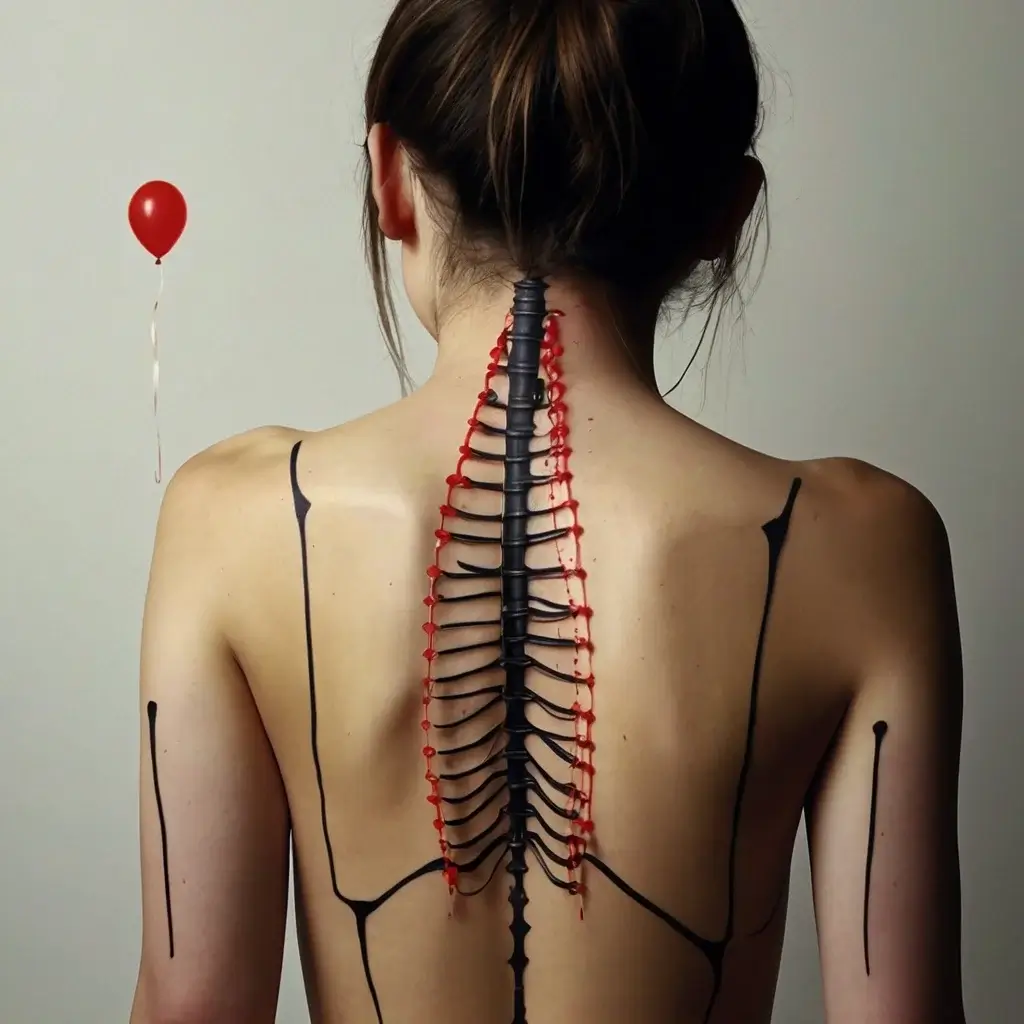 Tattoo resembling a black zipper down the spine with red laces, accompanied by geometric black lines and a red balloon.