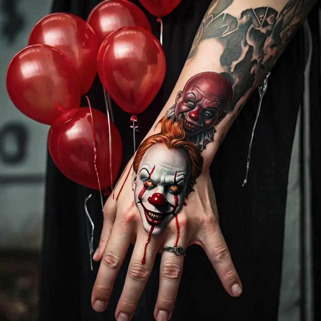 Hand tattoo of sinister clown faces with red noses and orange hair; vibrant, detailed design paired with red balloons.