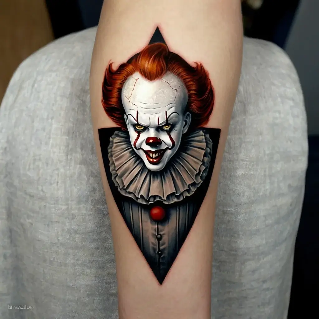 A vibrant tattoo of a red-haired clown, featuring sharp details and dynamic shading, framed by a black triangular background.