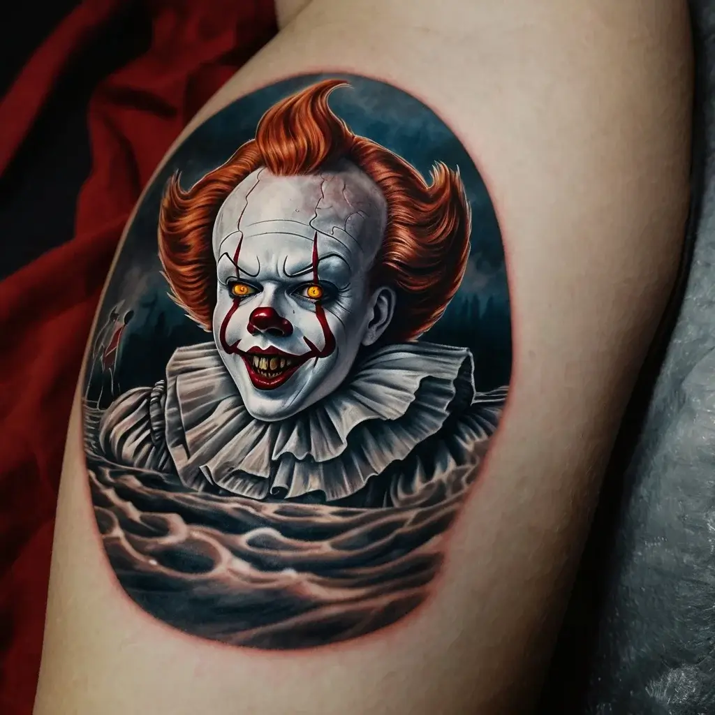 Realistic clown tattoo with fiery red hair, gold eyes, and sharp smile emerging from water, set against a dark background.