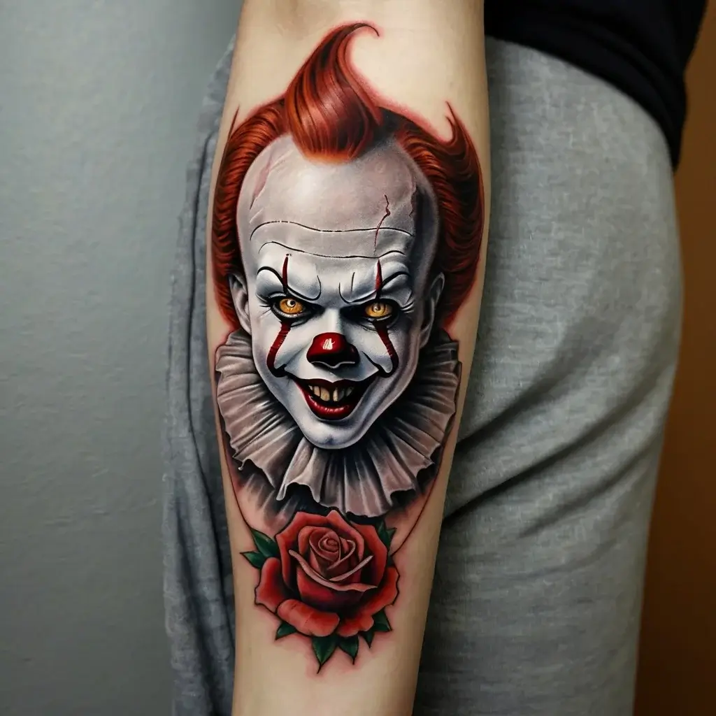 Tattoo of a menacing clown face with vivid red hair and a red rose beneath, blending horror and beauty.